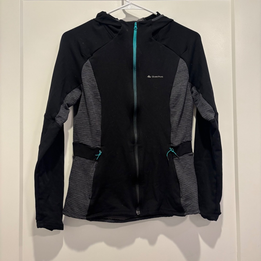 Quechua Decathlon Womens Small Black Grey Full Zip Hooded Fleece Hiking Jacket